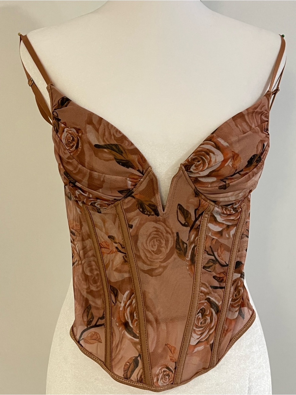 Brown Floral Sheer- Chiffon Corset Top - Women